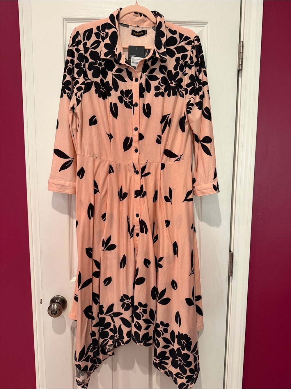 Reborn Peach and Black Floral Asymmetrical Button-Front Dress